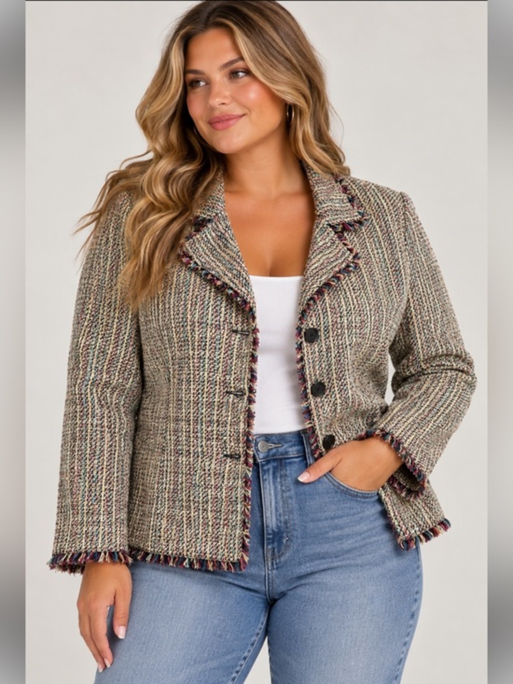 Silkland Woman Multicolor Tweed Blazer Jacket Size 18W Fringe Trim